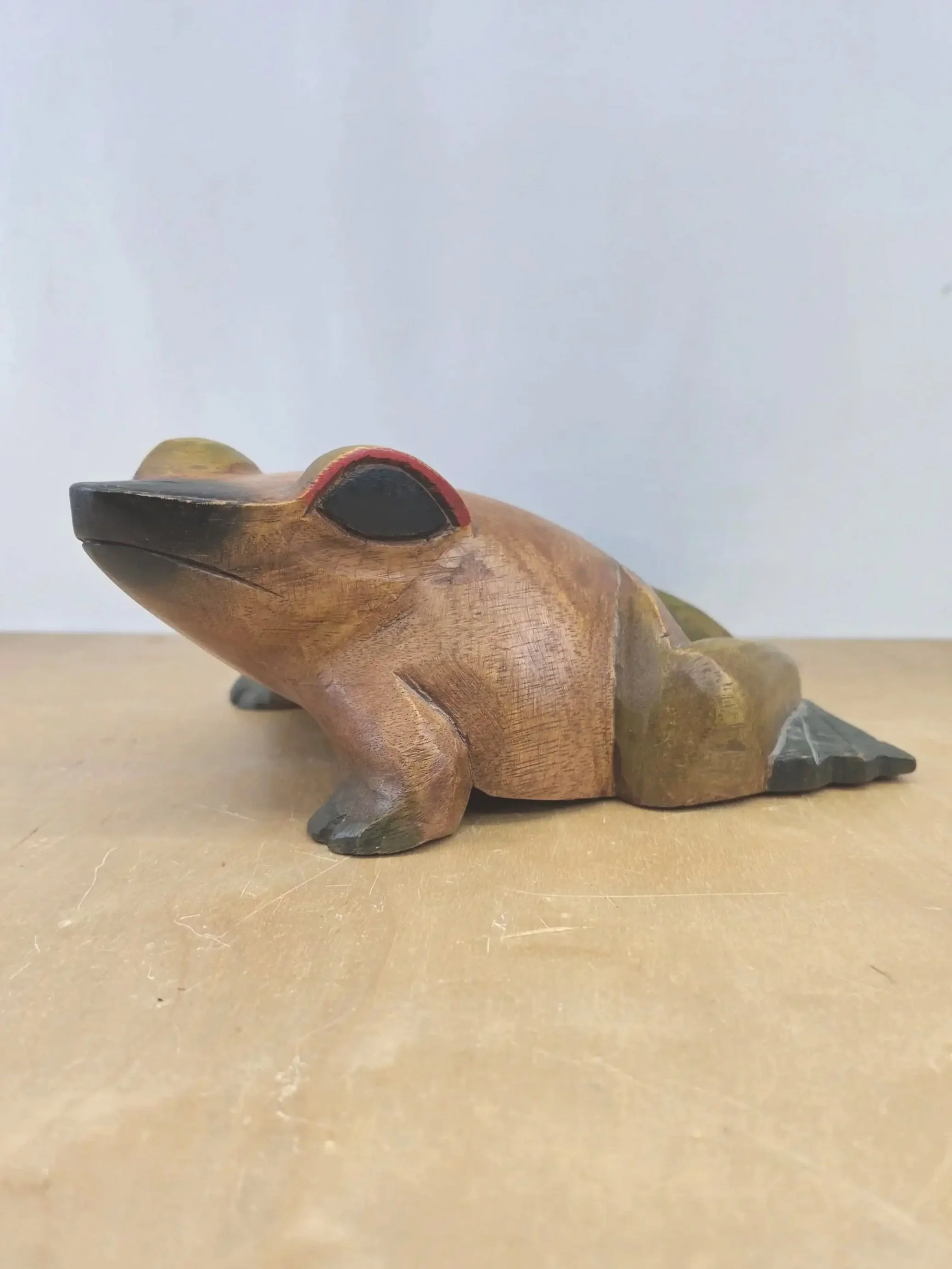 Hand Carved Suspicious Frog Wooden Sculpture