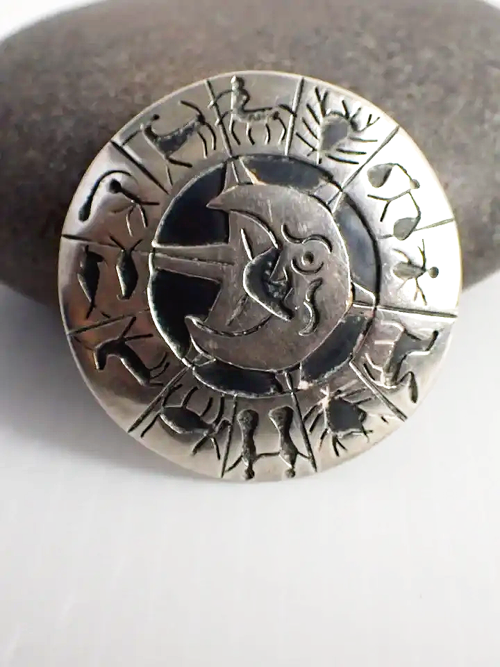 Sterling Silver Vintage Astrological Zodiac Chart Wheel Brooch Pin