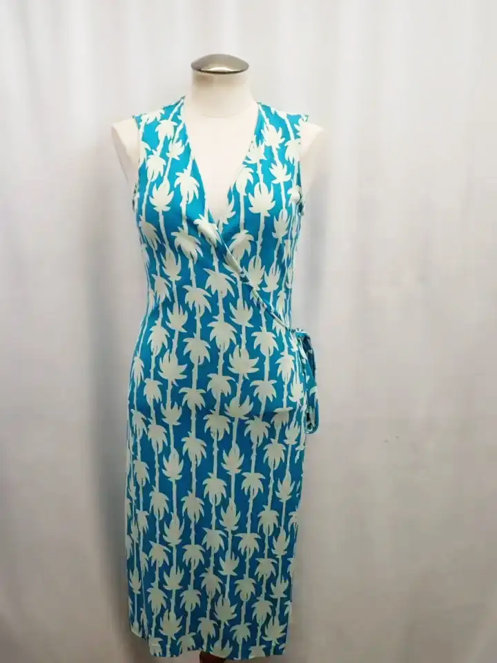Diane Von Furstenberg Silk Vintage Turquoise Palm Tree Wrap Dress (M)