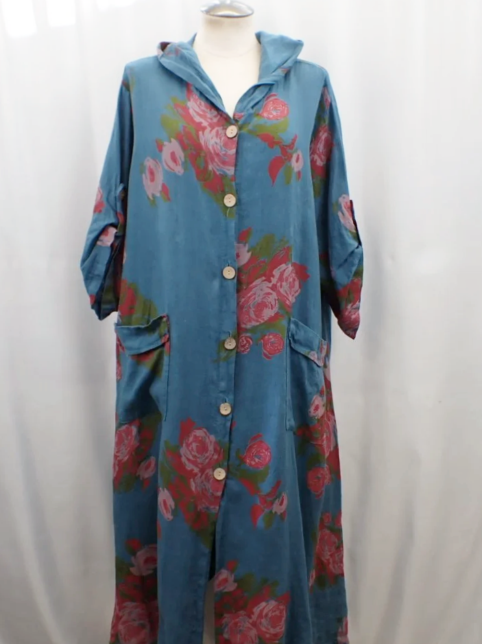 Me & Gee Linen Blue Floral Hooded Button Down Dress Overcoat (L/XL)