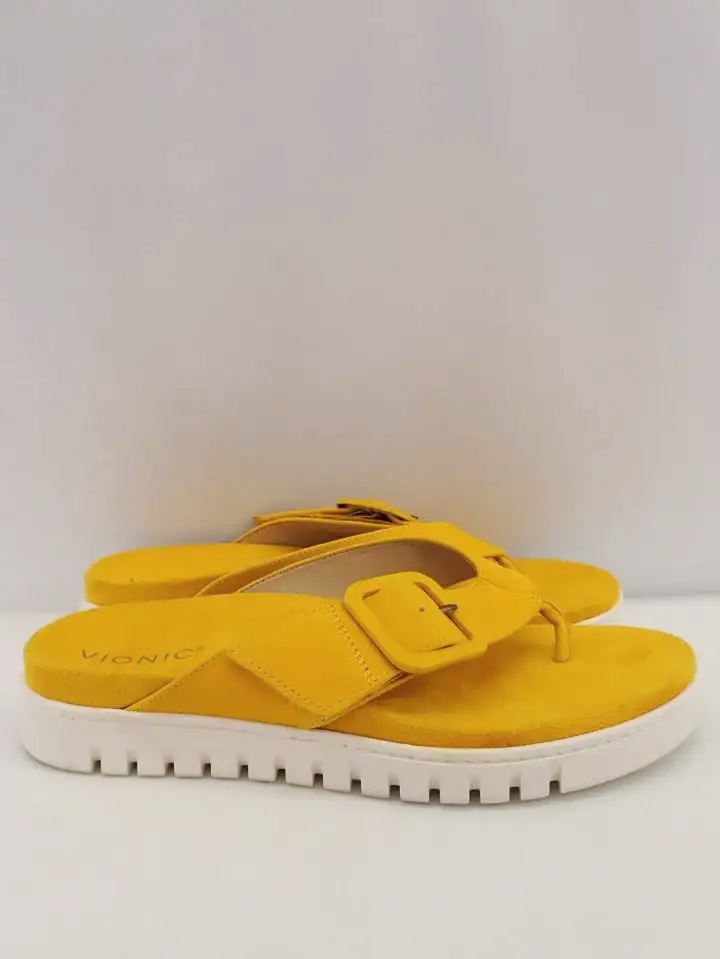 Vionic Leather Daffodil Yellow Uptown Mann Toe-Post Sandals (9)