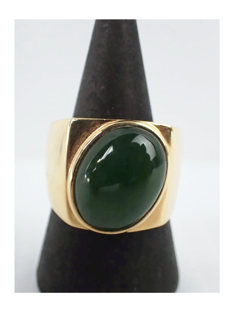 925 Silver Nephrite Jade Cabochon Gold Tone Signet Ring (8)