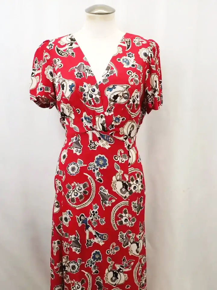 Loco Lindo Rayon Red Paisley Crossover V-Neck Short Sleeve Dress (L)