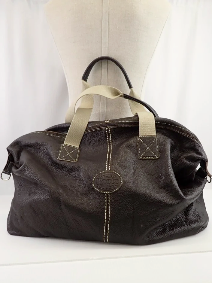 Roots Genuine Pebbled Leather Dark Chocolate Brown Duffel Bag
