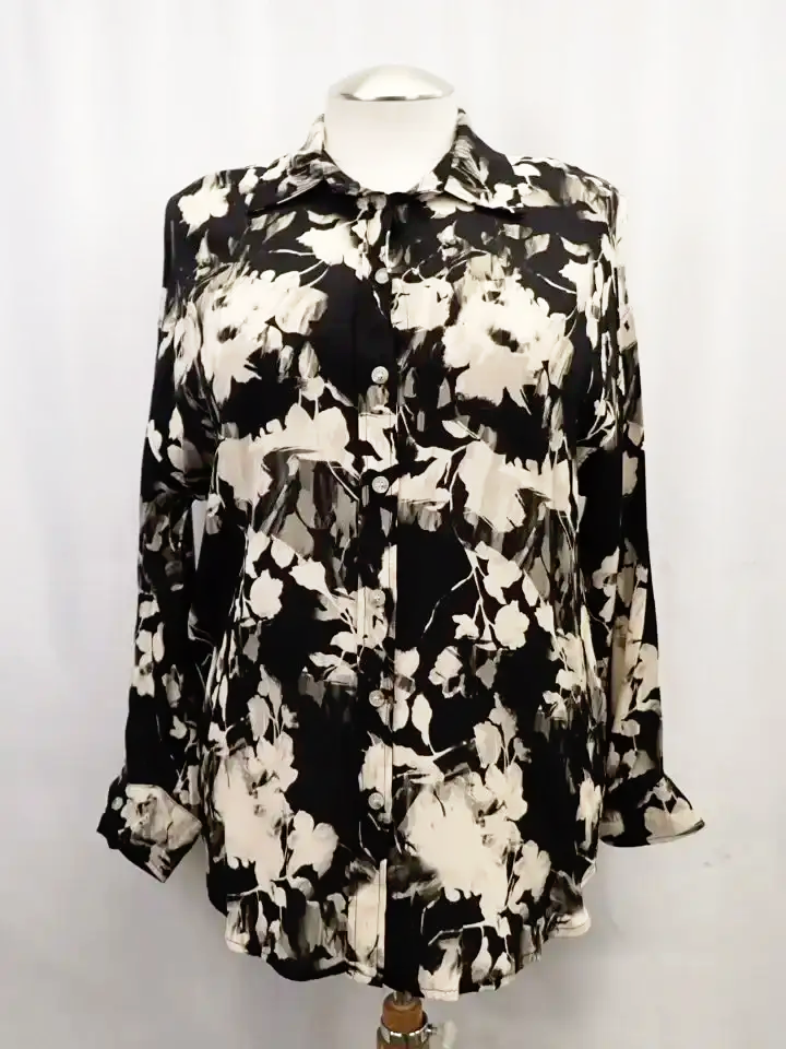 (NEW!) Astrid Viscose Black and Cream Winter Floral Woven Dress Shirt (XL)