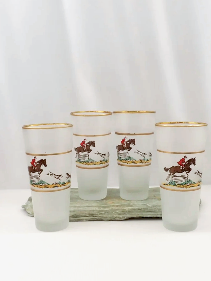 Libbey Vintage Equestrian Fox Hunt Frosted High-Ball Glasses