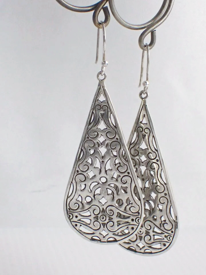 925 Silver Filigree Teardrop Dangle Earrings
