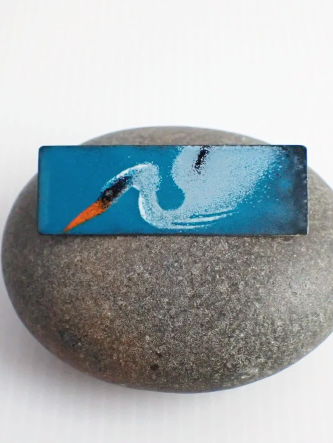 Vintage Enamel on Copper Blue Heron Pin