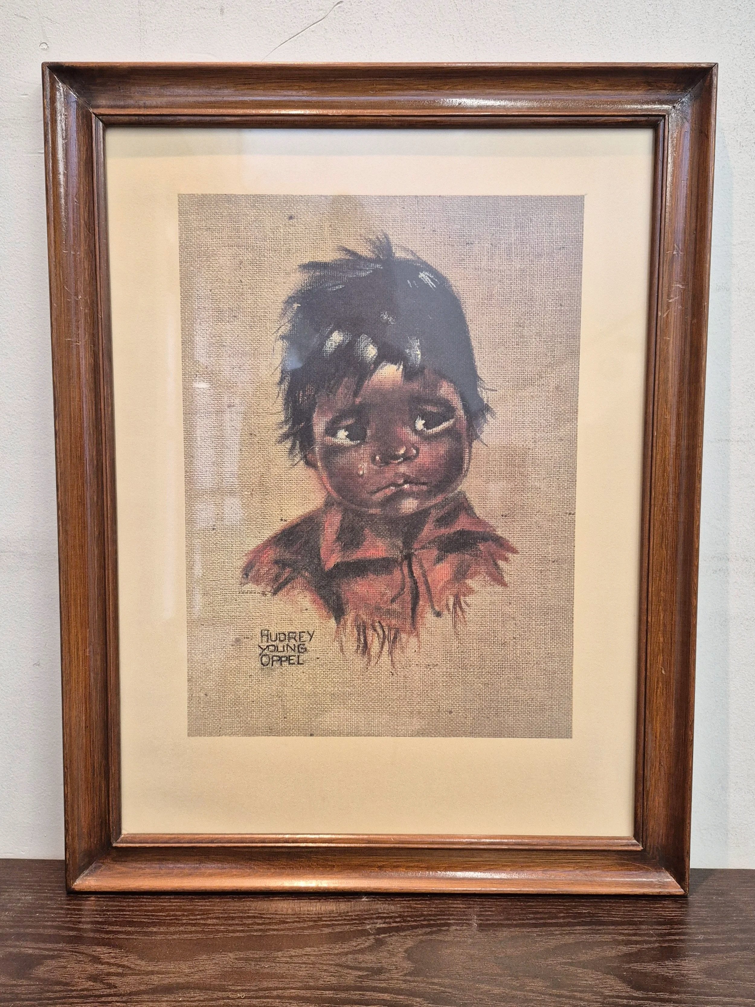 Vintage Audrey Young Opell Indigenous Boy Painting on Burlap