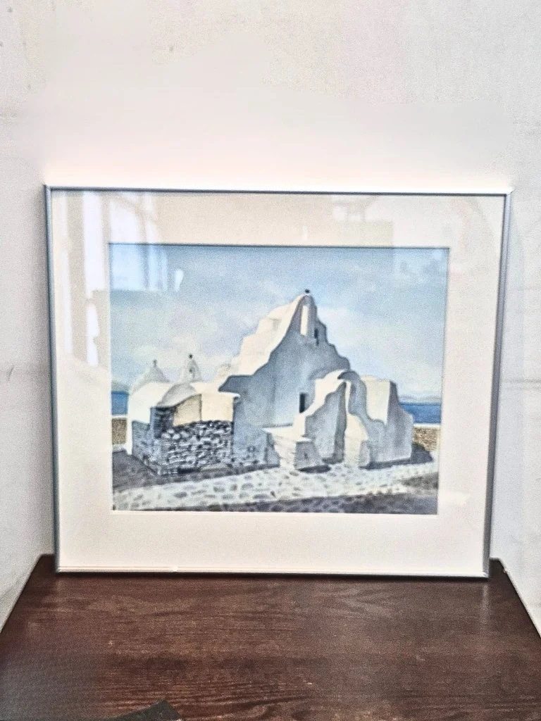 S. Stewart Traditional Greek Oceanside Church Original Signed Watercolour