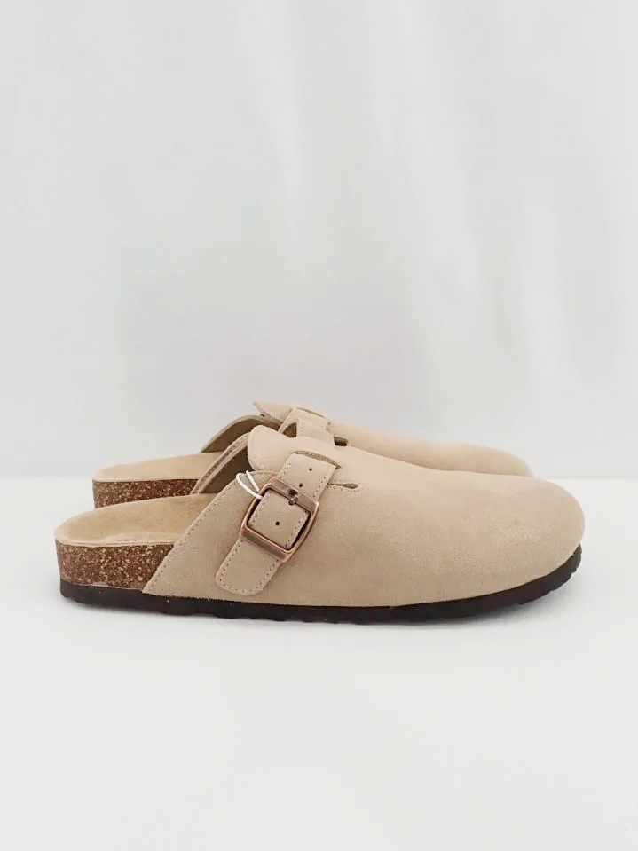 (NEW) Qomfort Suede Leather Upper Beige Slip On Sandals (40)