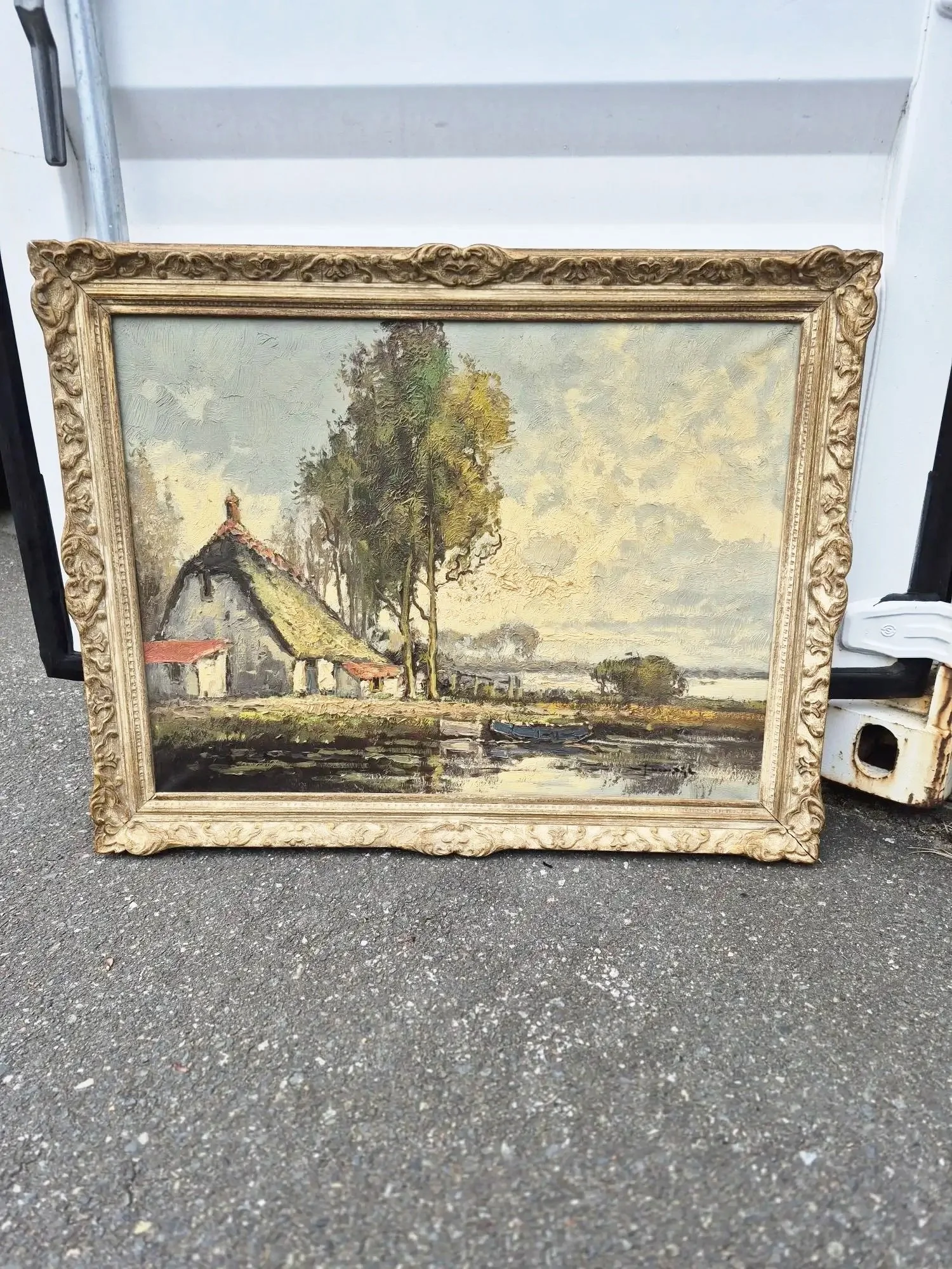 Vintage Attributed Wilhelm Hendrik van Norden (1883–1978) Dutch Thatched Roof Cottage Signed Original Oil Painting
