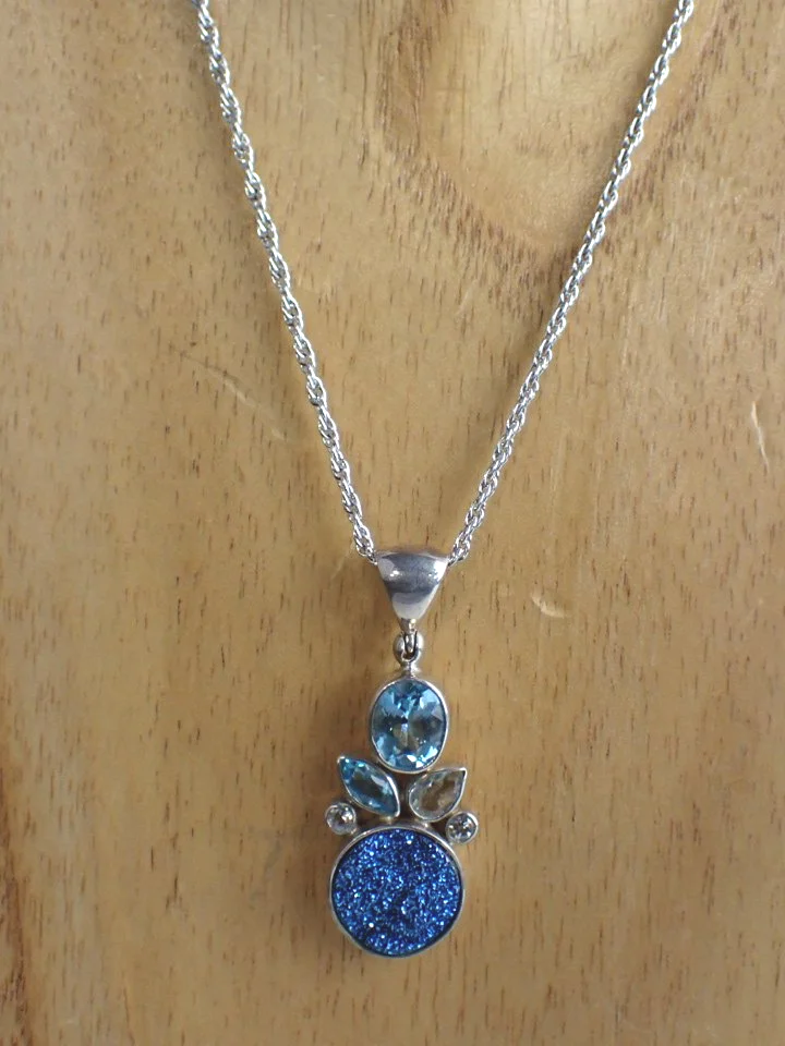 925 Silver Blue Topaz And Druzy Stone Pendant On Twisted Chain