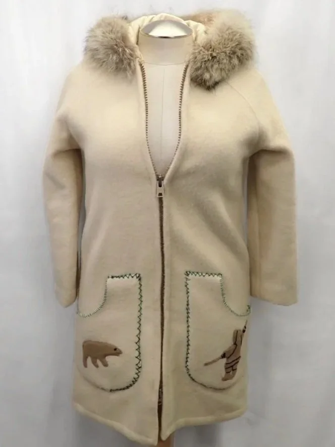 Vintage Felted Wool Hand Embroidered Inuk & Bear Parka (S)