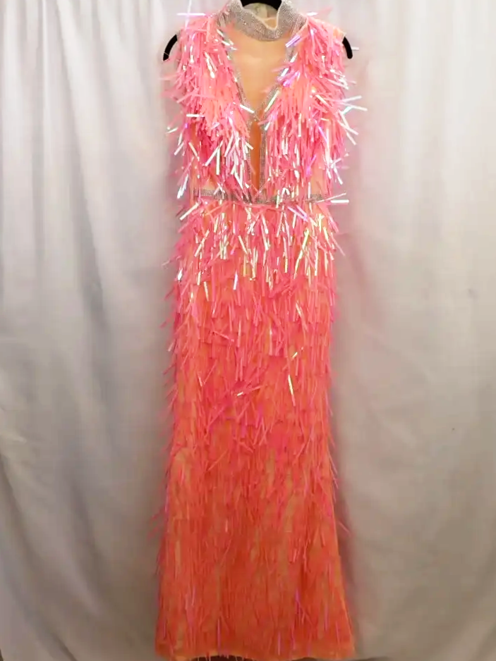 Sparkly Pink Hand Embellished Tassle Party Dress (S)