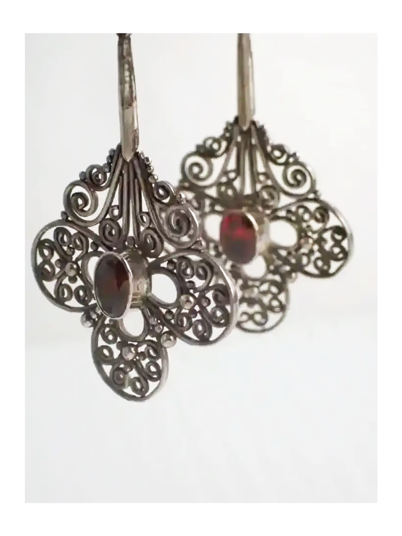 925 Silver Garnet Balinese Style Filigree Dangle Earrings