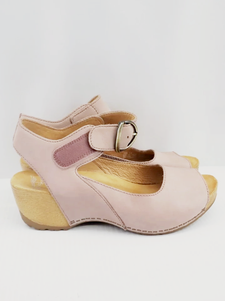 Dansko Leather Upper Tiana Blush Pink Wooden Platform Sandals (38)