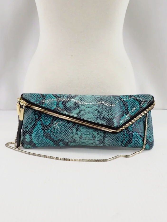 Henri Bendel New York Teal Snake Debutante Asymmetrical Slim Chic Clutch Purse