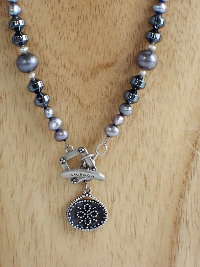 925 Silver Silpada Pearl, Hematite and Shell Necklace