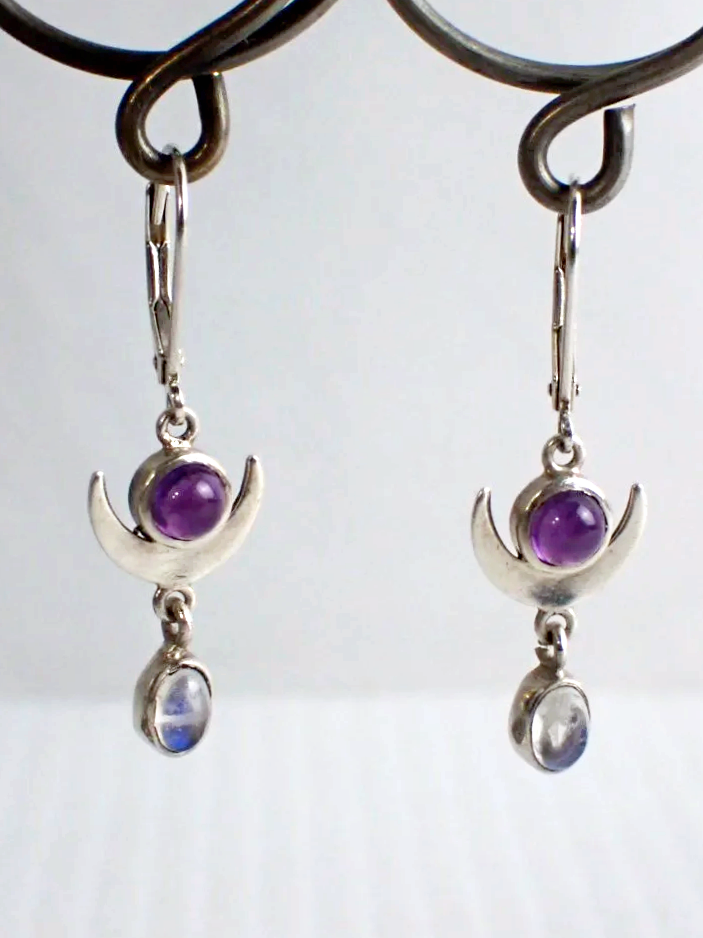 925 Silver Amethyst Crescent Moon Hinged Hook Dangle Earrings