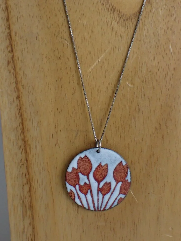 925 Silver Italian Box Link Chain and Handmade Floral Enamel Pendant