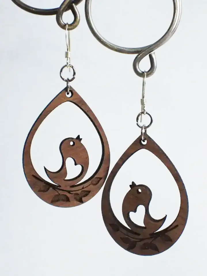 925 Silver Hook Handcrafted Wooden Chickadee Earrings