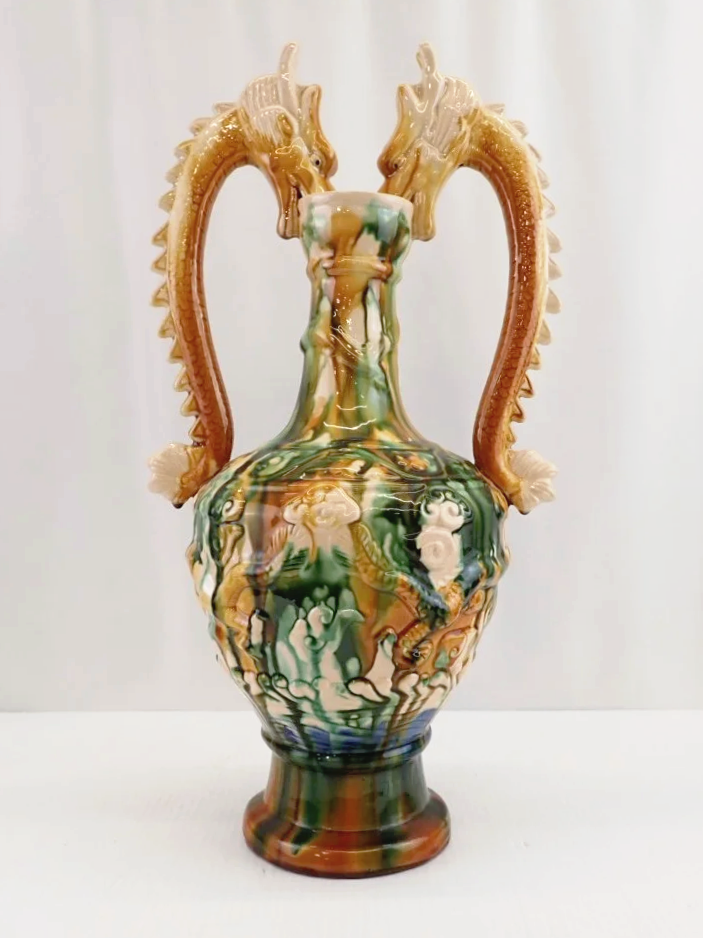 Sancai Tang Style Double Dragon Head Handled Drip Glaze Vase