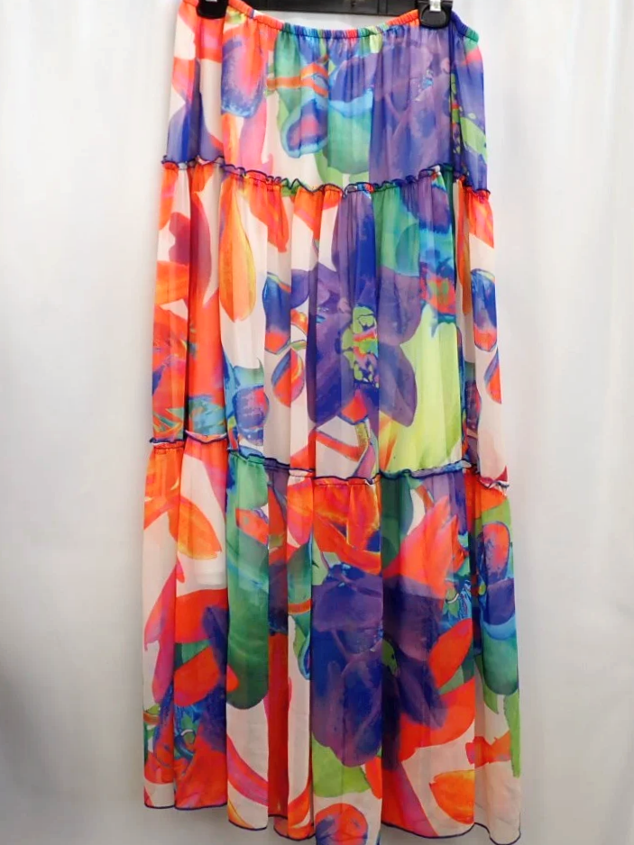 Vibrant Floral Watercolour Print Tiered Maxi Skirt (XL)