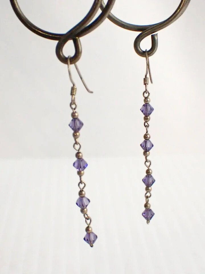 925 Silver Hook Purple Crystal Dangle Earrings