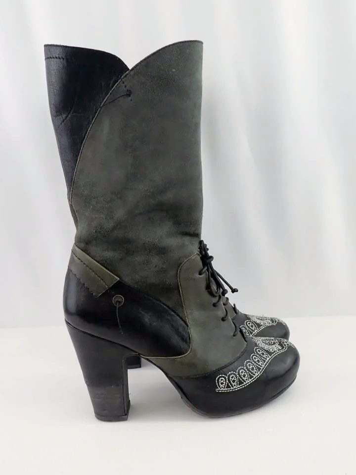 Gold Button Leather Knee High Heeled Boots (38)