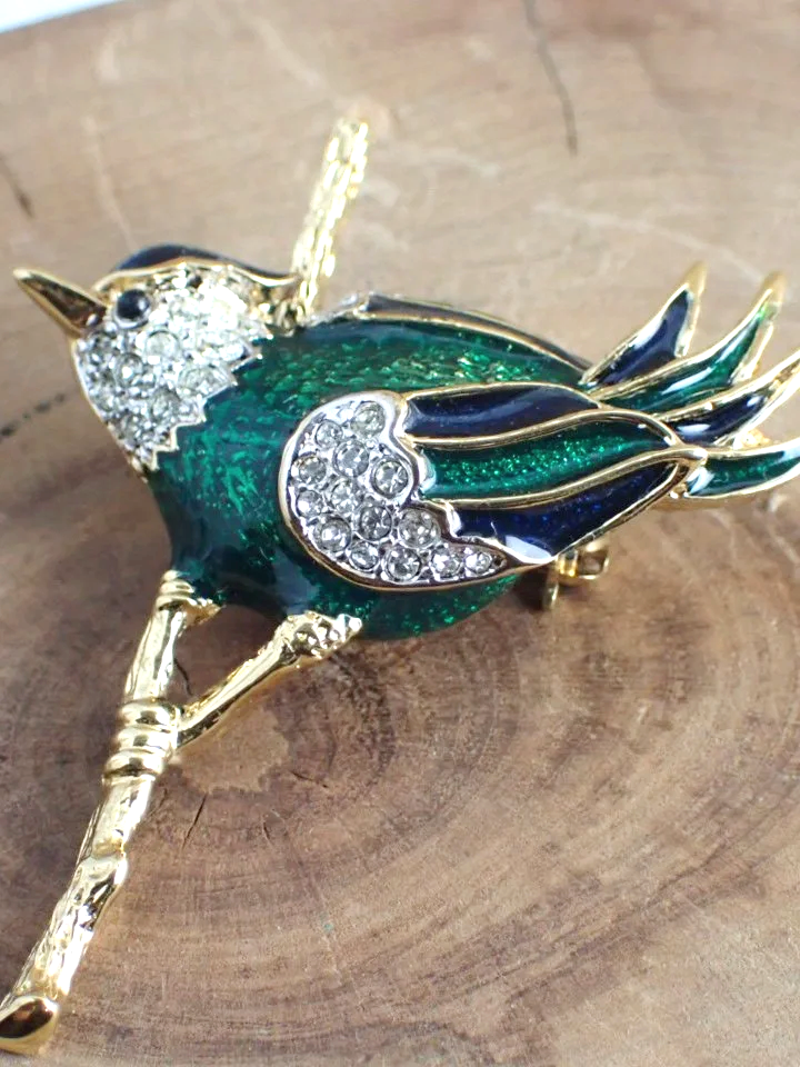 D'Orlan Vintage Rhinestone & Green Enamel Bird Pin