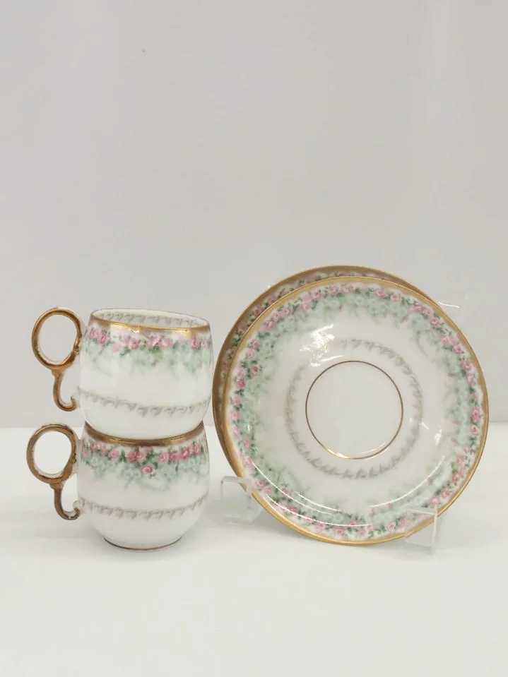 Limoges France Blue Elite Work Roses Antique Demitasse Cup & Saucer Bundle