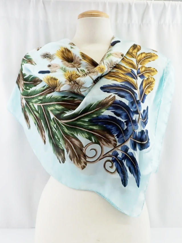 Blue Silk Peacock Feather Print Scarf
