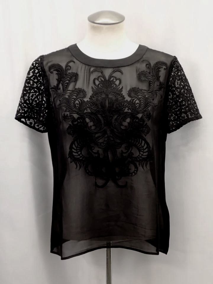 Karen Millen Silk Black Embroidered Short Sleeve Top (M)