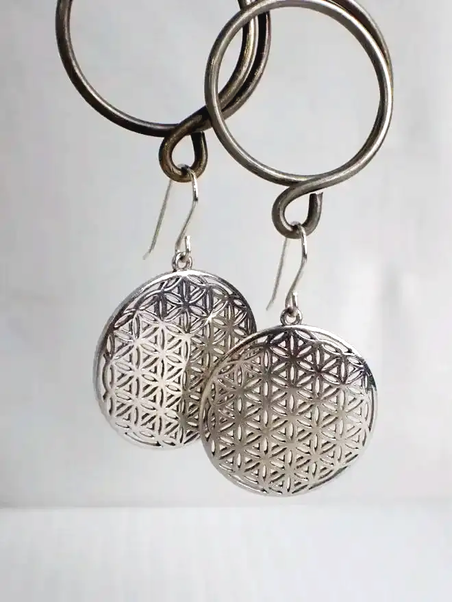 925 Silver Flower Of Life Sacred Geometry Dangle Earrings