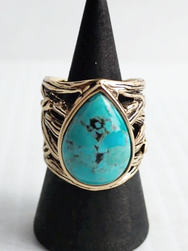 Turquoise Style Teardrop With Bronze Toned Woven Band Brase Ring (6.75)