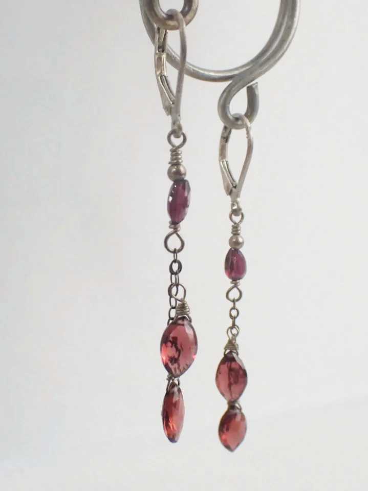 925 Silver Vintage Garnet Cluster Dangle Hinged Hoop Earrings