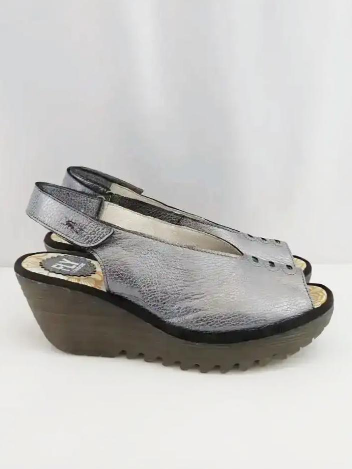 Fly London Leather Metallic Silver Yeay Peep-Toe Slingback Wedge Sandals (37)