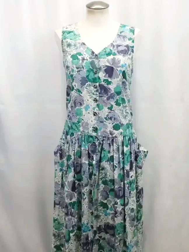 Laura Ashley Cotton Vintage Floral Print Button Down Sleeveless Dress (S)