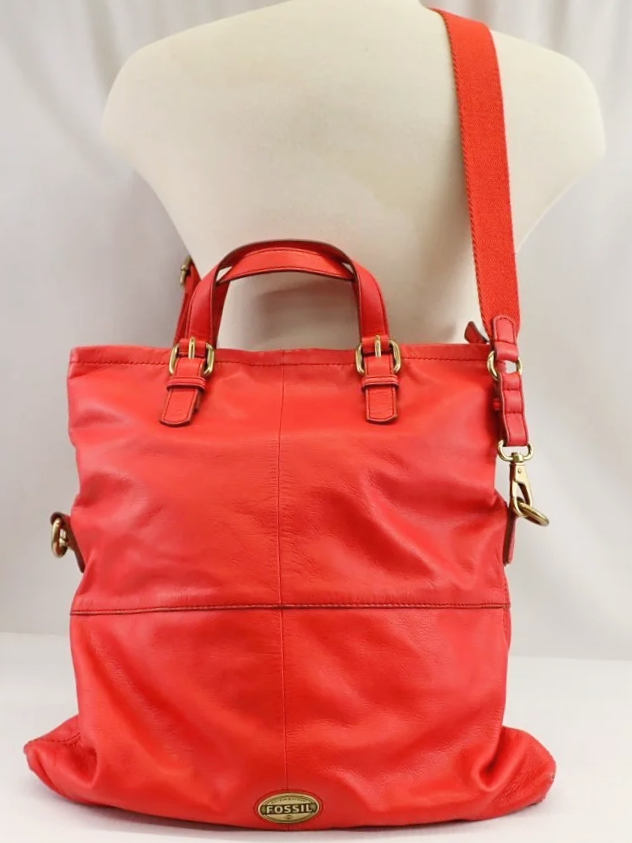 Fossil Leather Cherry Red Explorer Tote Bag