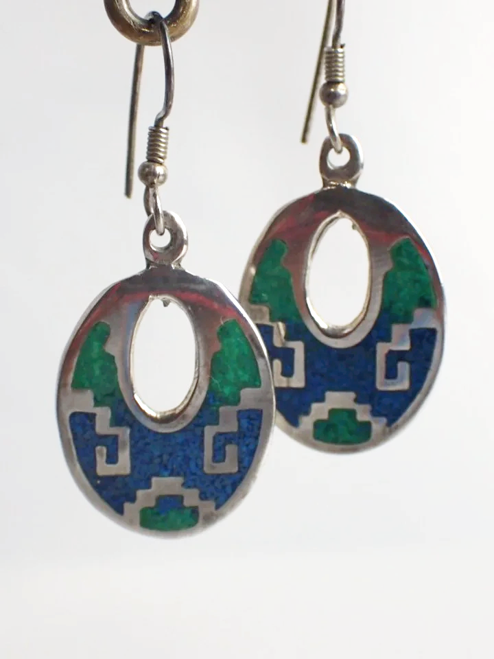 925 Silver Vintage Mosaic Inlay Oval Dangle Earrings