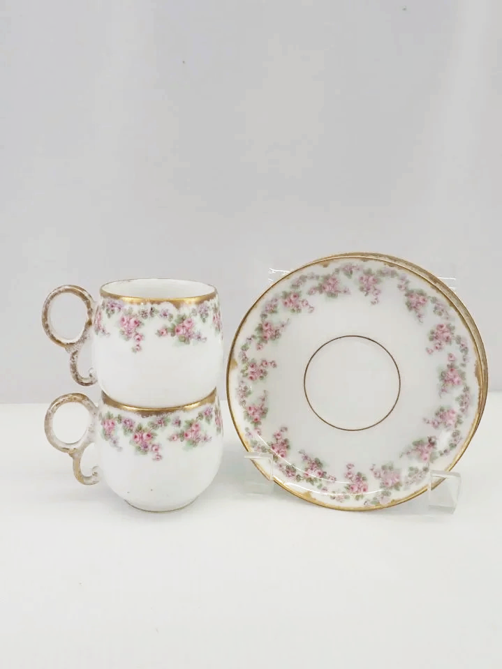 Limoges France Pink Elite Work Roses Antique Pair of Demitasse Cups & Saucers
