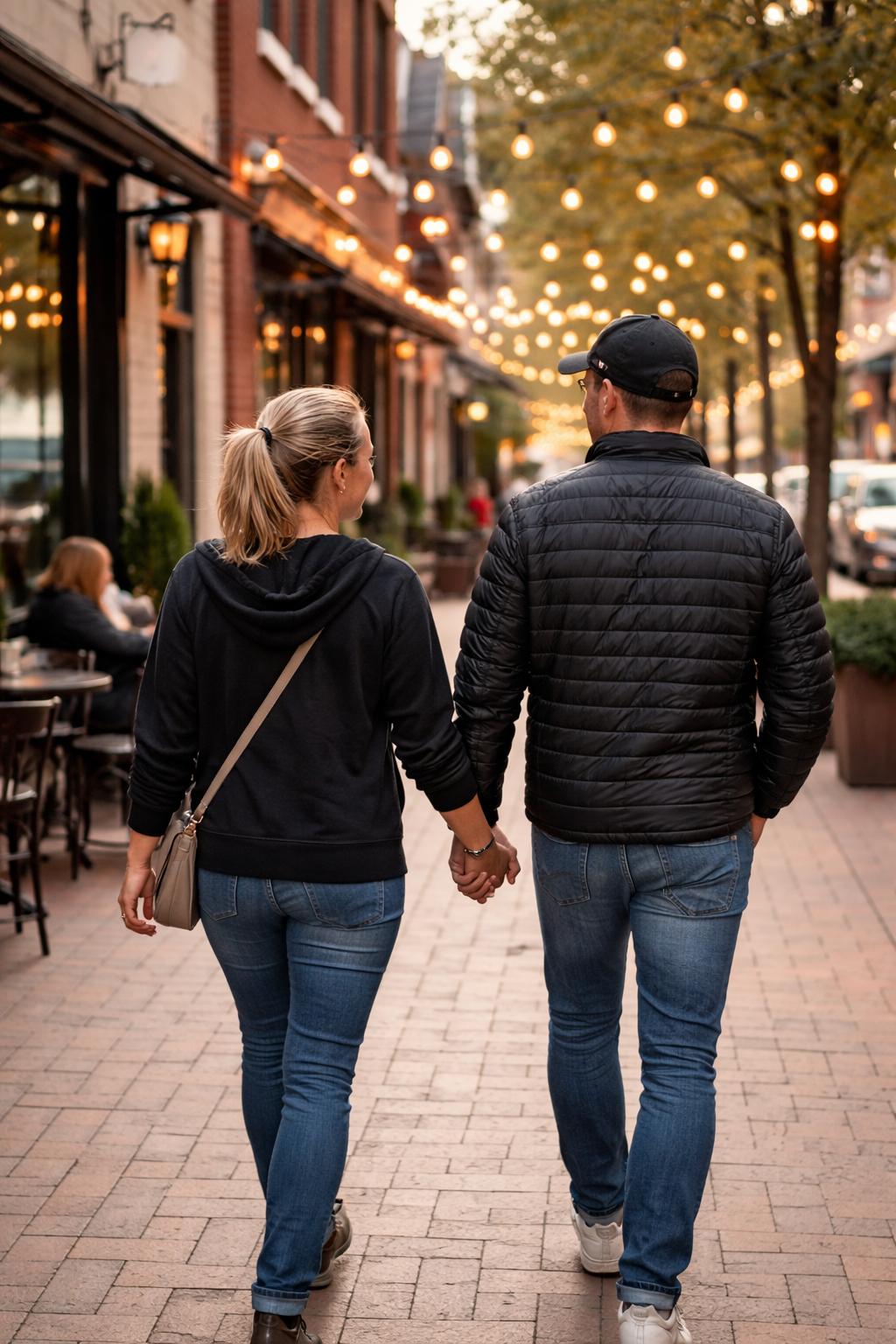 A man and woman walking on a city sidewalk with trees, buildings, and signage in the background.