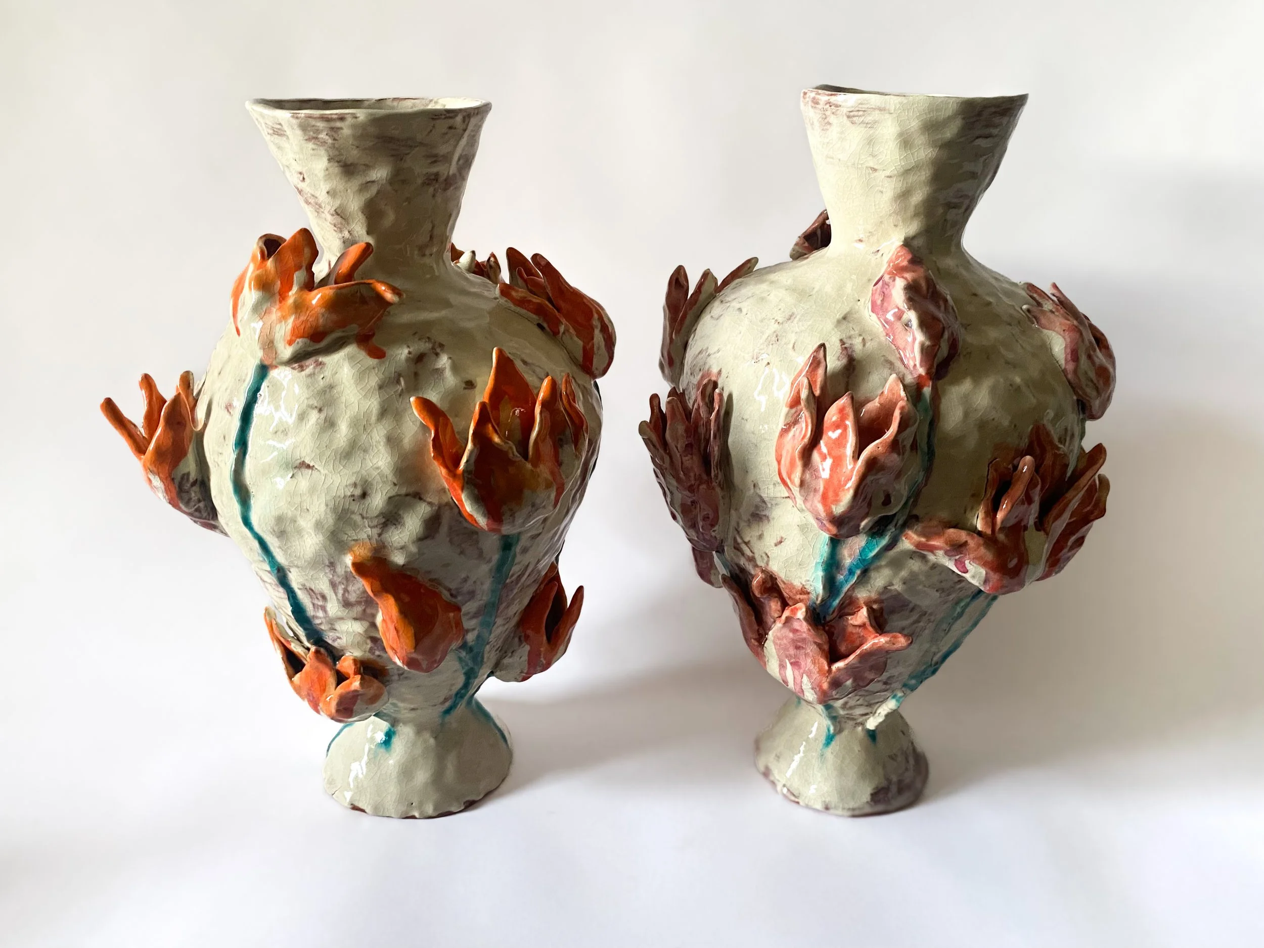 Tulip Urns, 14 x 6, $500, Terracotta, glaze. .jpg