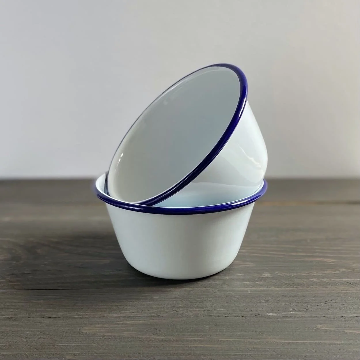 Two Blue Rimmed White Enamel Pudding Bowls Falcon Housewares Grant
