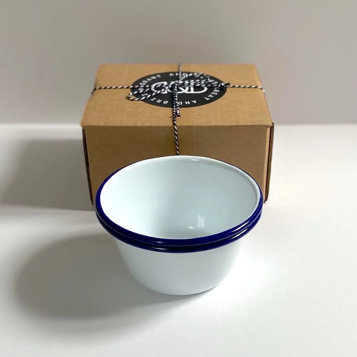 Two Blue Rimmed White Enamel Pudding Bowls Falcon Housewares Grant