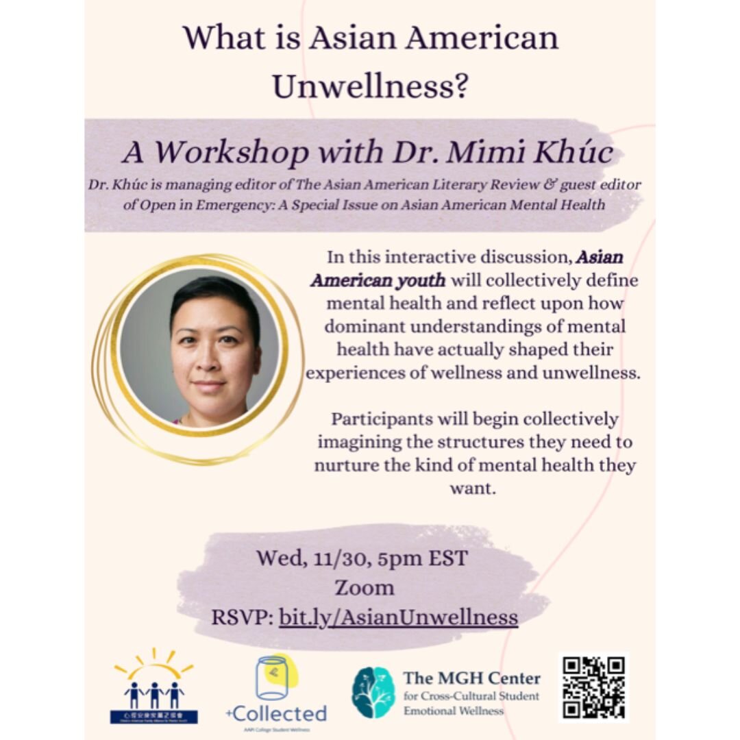 Our friends at the Chinese-American Family Alliance for Mental Health are holding a workshop on defining mental health and how dominant understandings of mental health shape the experiences of Asian-American youth. RSVP using the link in our bio or t