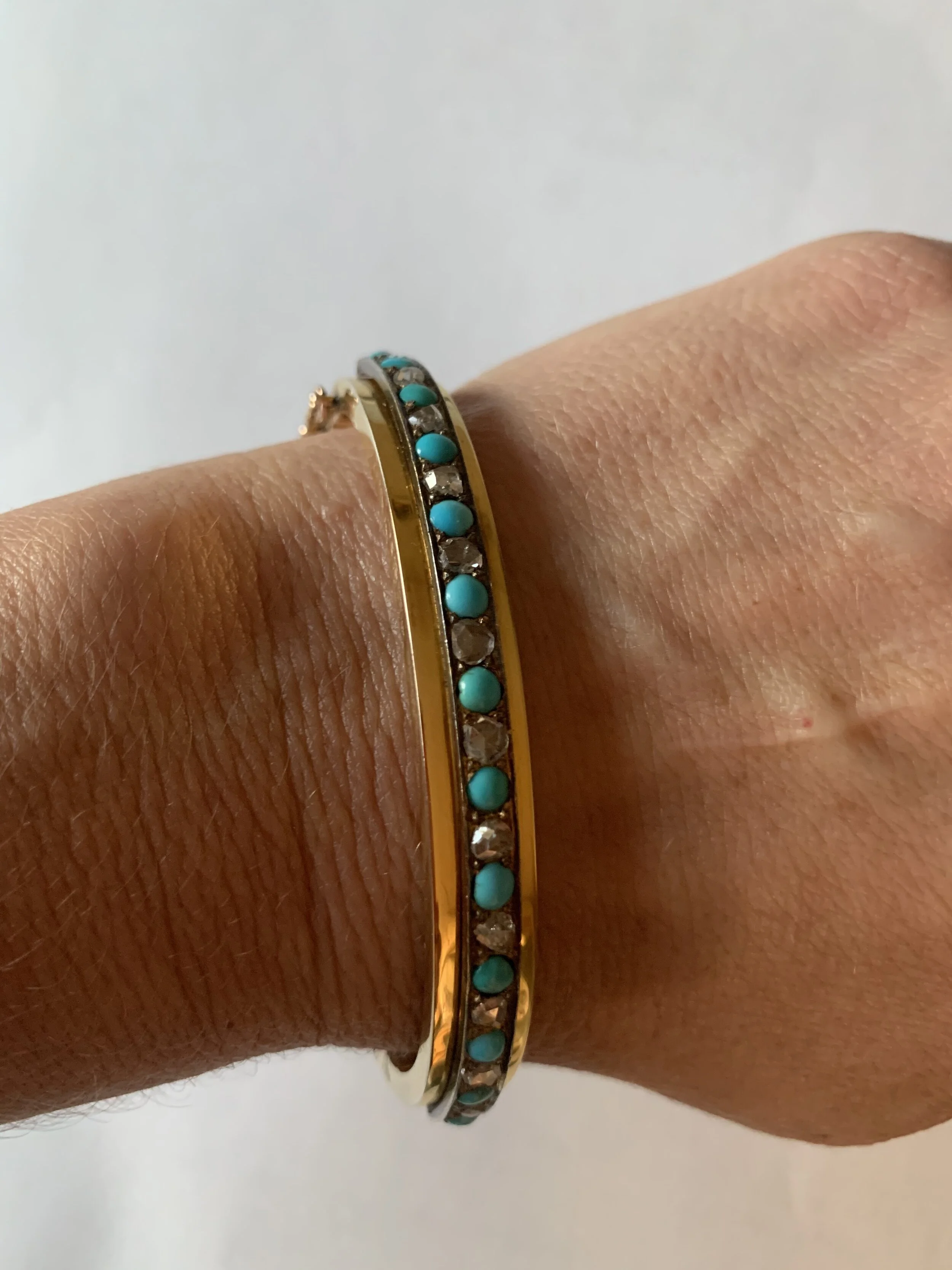 Antique Russian Bangle in Persian Turquoise and Diamonds