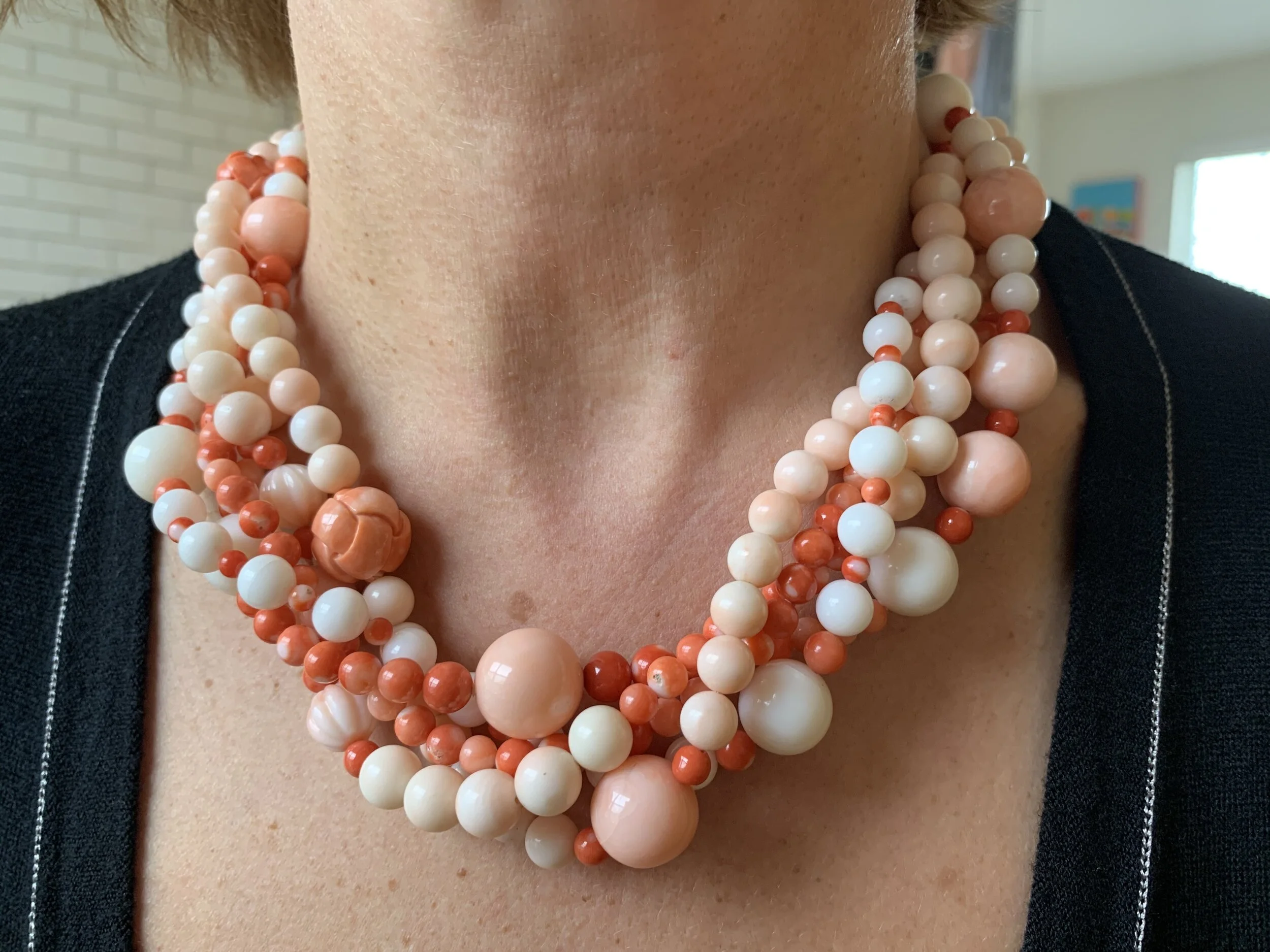 Natural White, Red, and Angel Skin Coral Multistrand Necklace