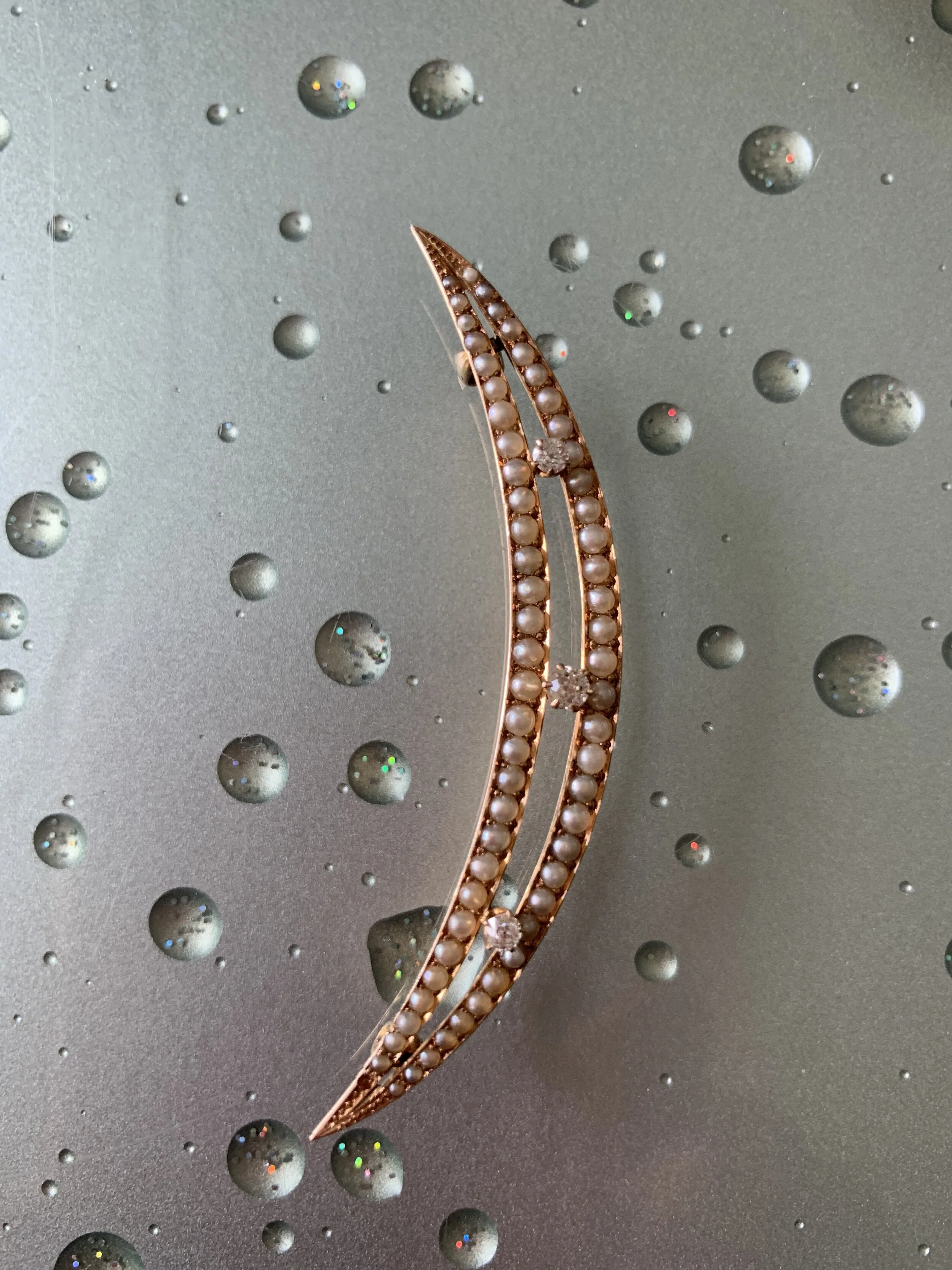 Antique Pearl &amp; Diamond Moon Brooch
